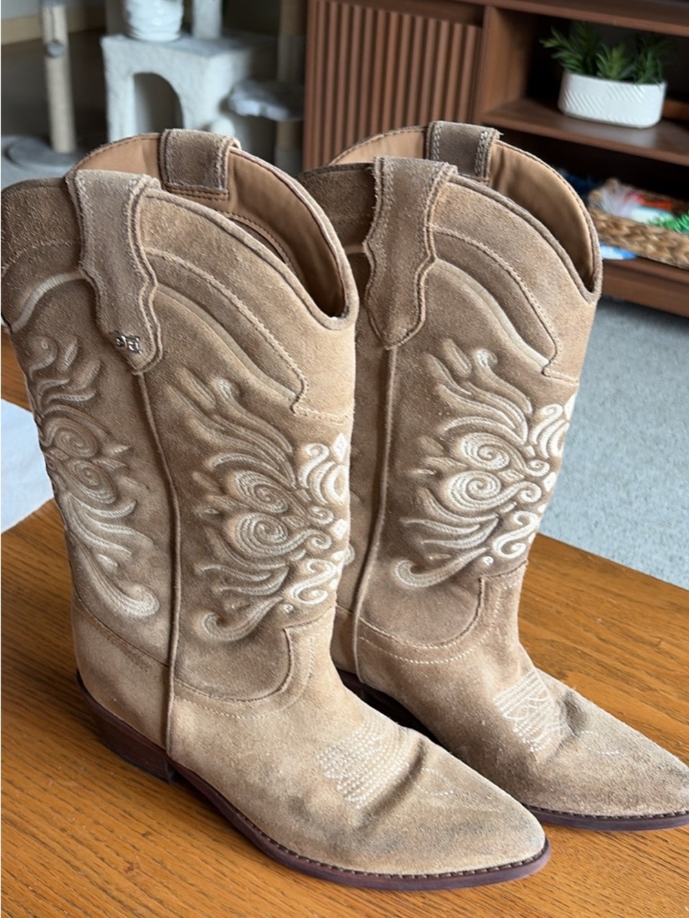 Sam Edelman Tan Suede Embroidered Western Knee-High Boots